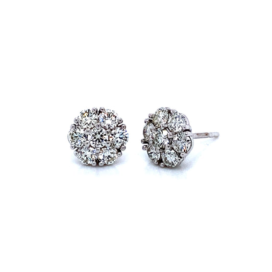 14K White Gold Cluster Stud Earring, Domed, 1.50 cttw